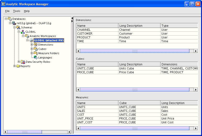 Main window in Analytic Workspace Manager